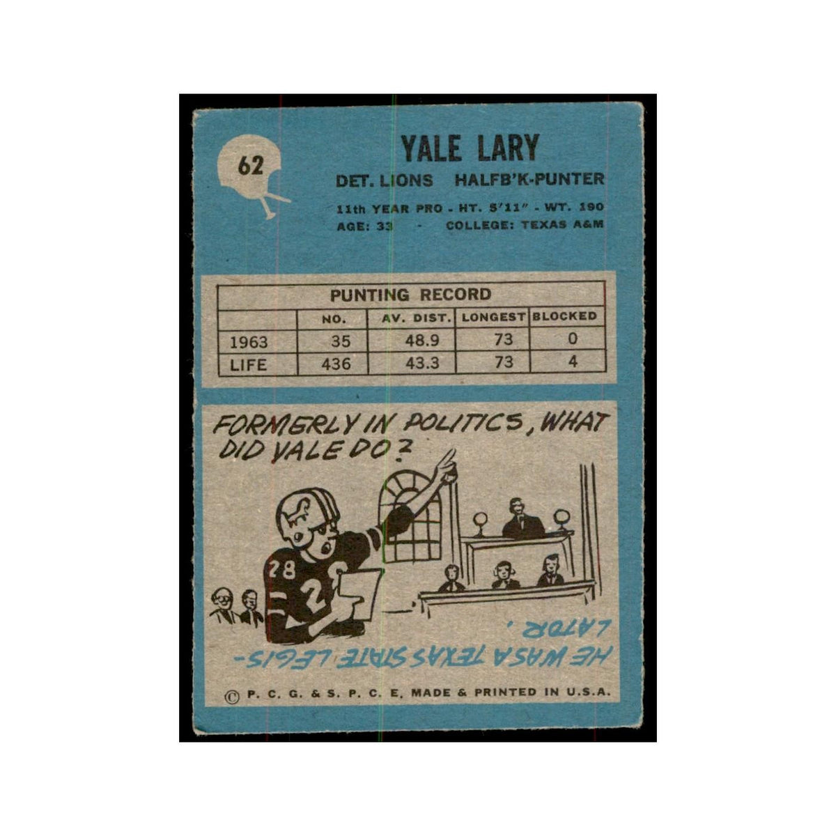 1964 Philadelphia Yale Lary Football Cards #62