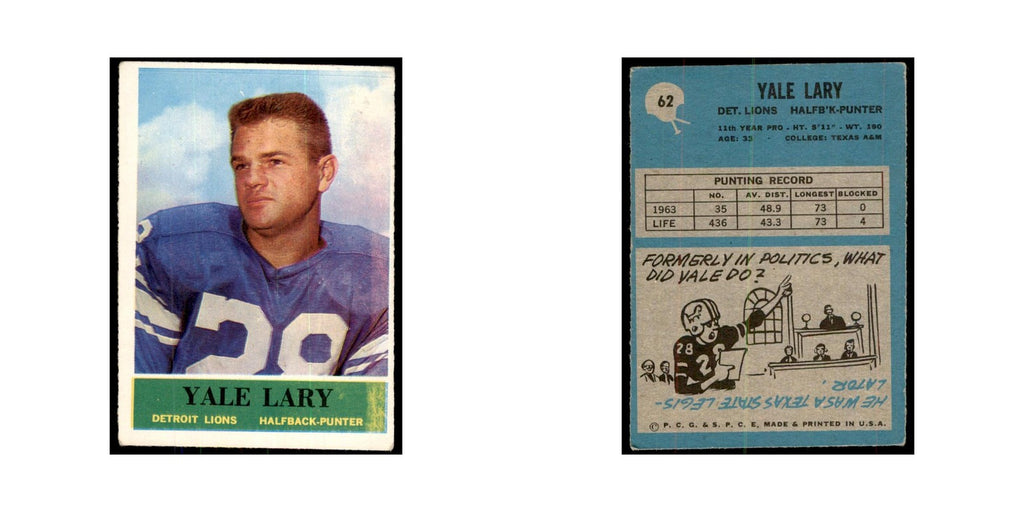 1964 Philadelphia Yale Lary Football Cards #62