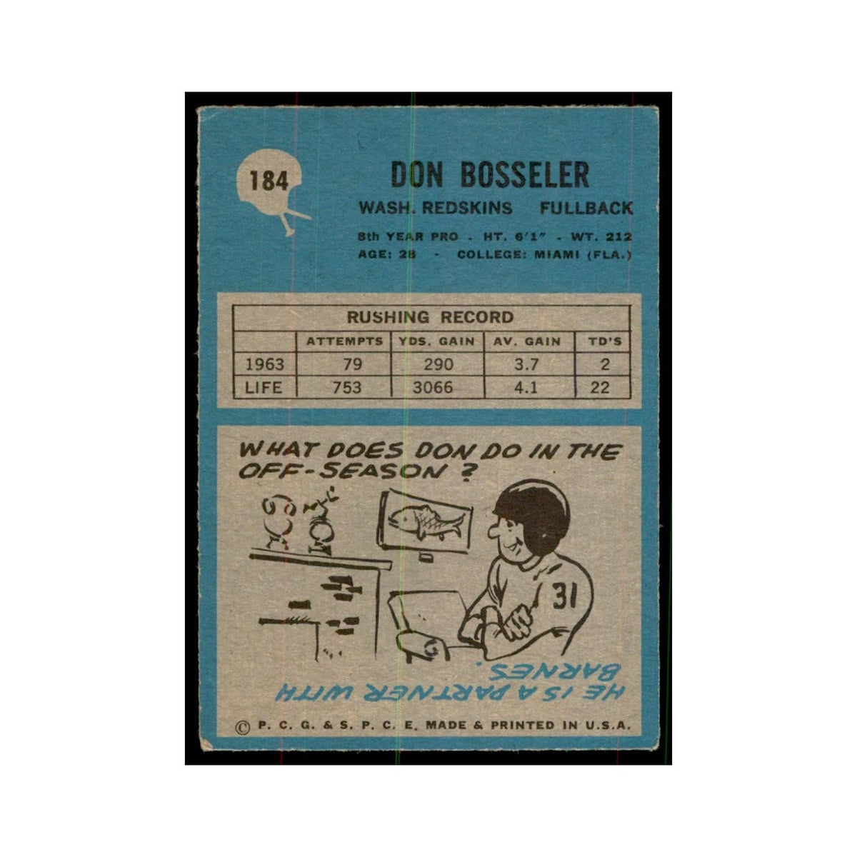 1964 Philadelphia Don Bosseler Football Cards #184
