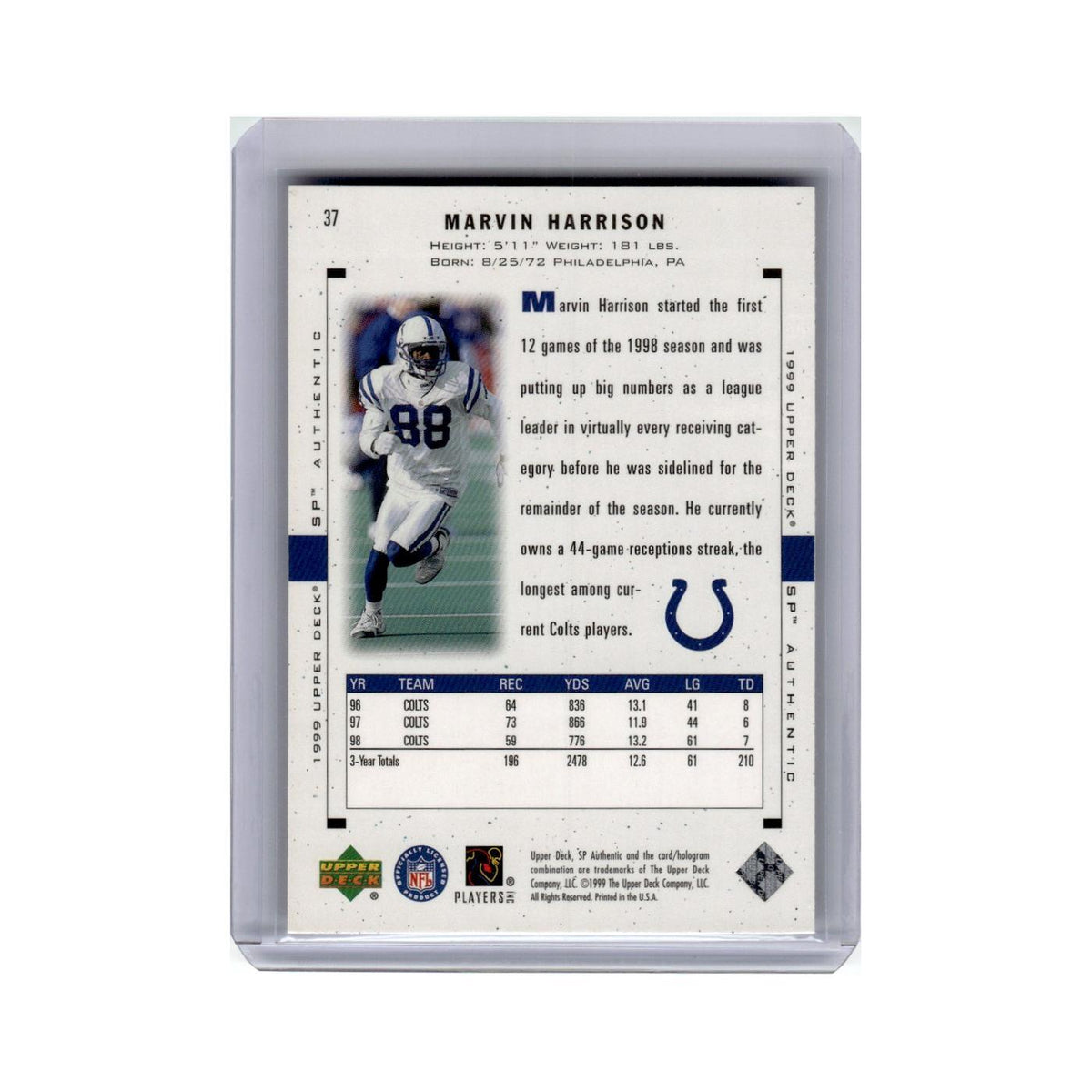 Marvin Harrison 1999 SP Authentic #37 Indianapolis Colts Football Card NM