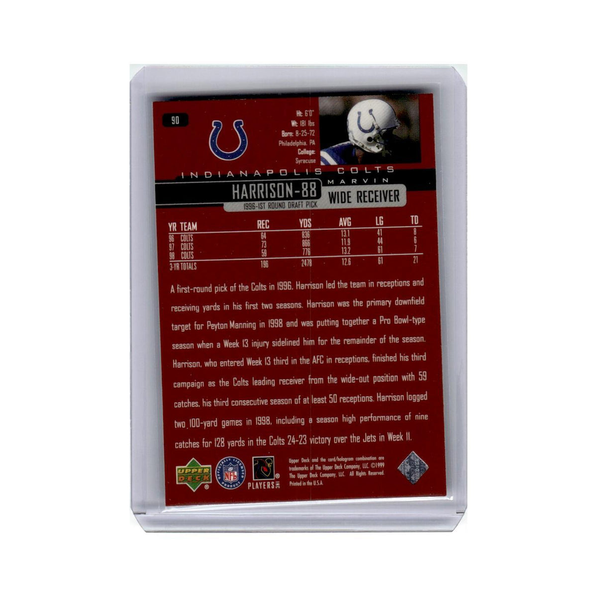 Marvin Harrison 1999 Upper Deck #90 Indianapolis Colts Football Card NM