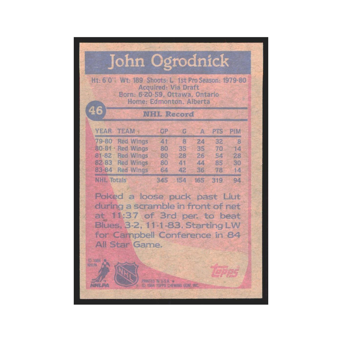 1984 Topps John Ogrodnick Detroit Red Wings #46