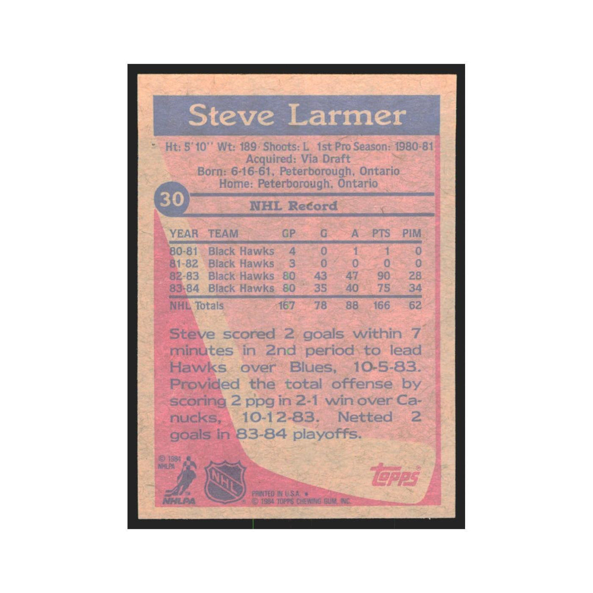 1984 Topps Steve Larmer Chicago Blackhawks #30