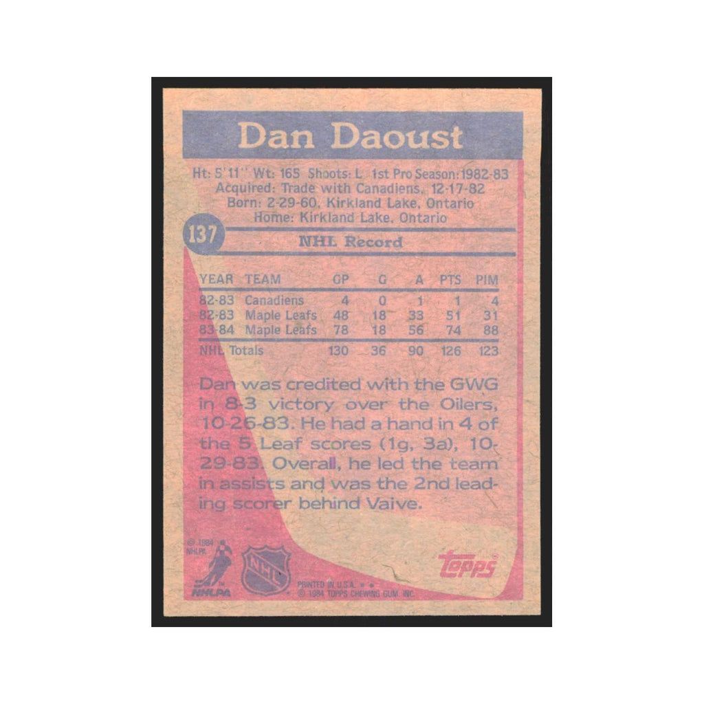 1984 Topps Dan Daoust Toronto Maple Leafs #137