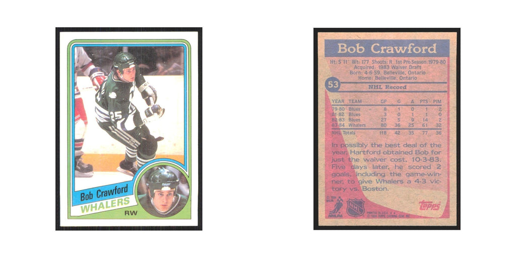 1984 Topps Bob Crawford Hartford Whalers #53