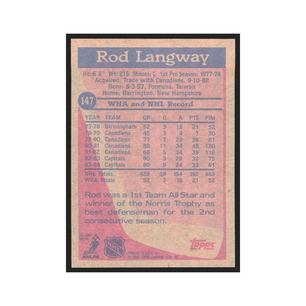 1984 Topps Rod Langway Washington Capitals #147