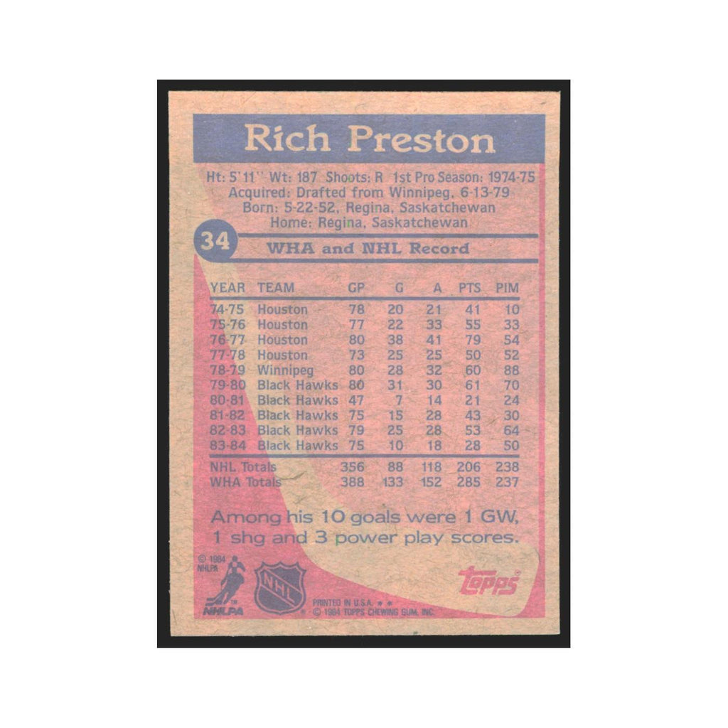 1984 Topps Rich Preston Chicago Blackhawks #34