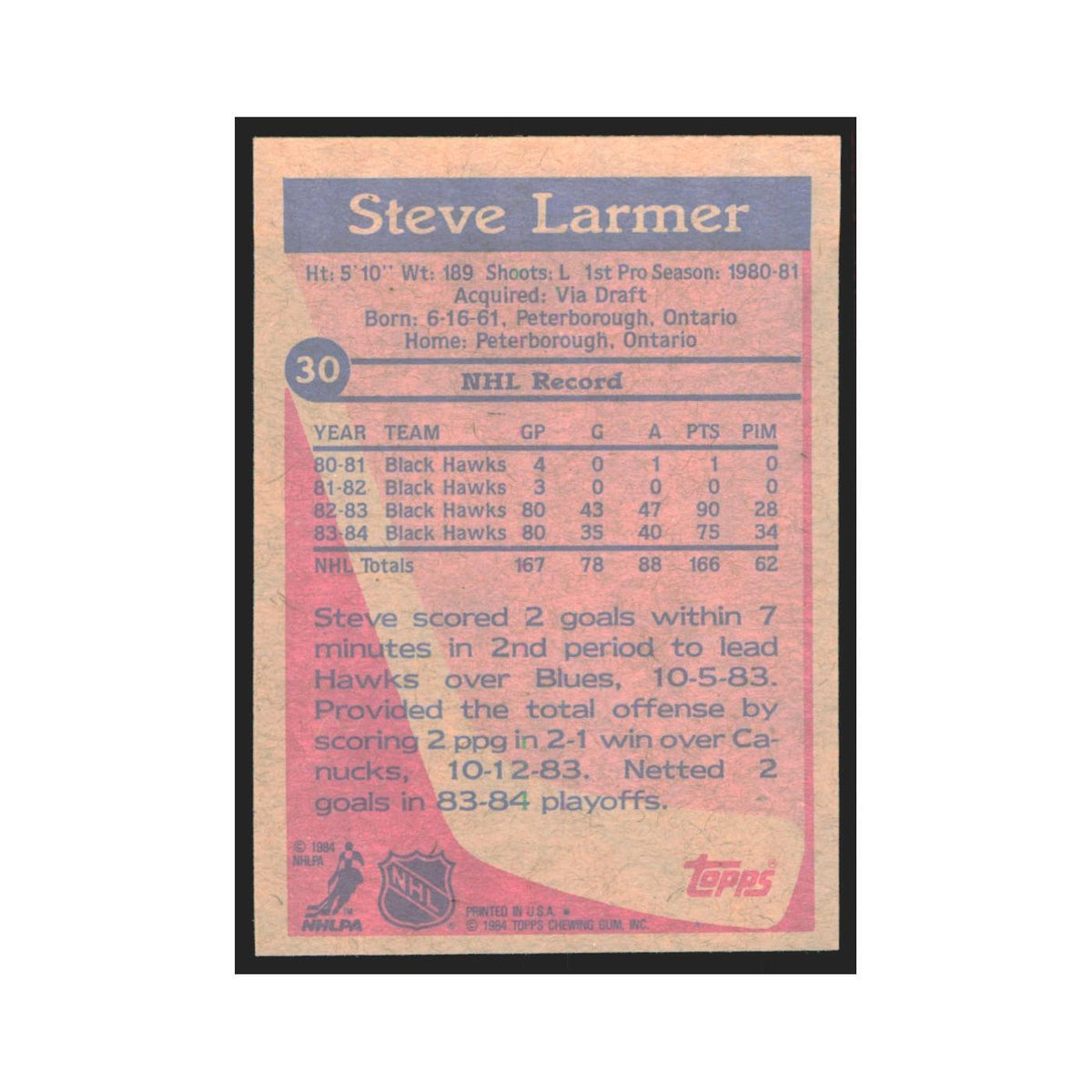 1984 Topps Steve Larmer Chicago Blackhawks #30