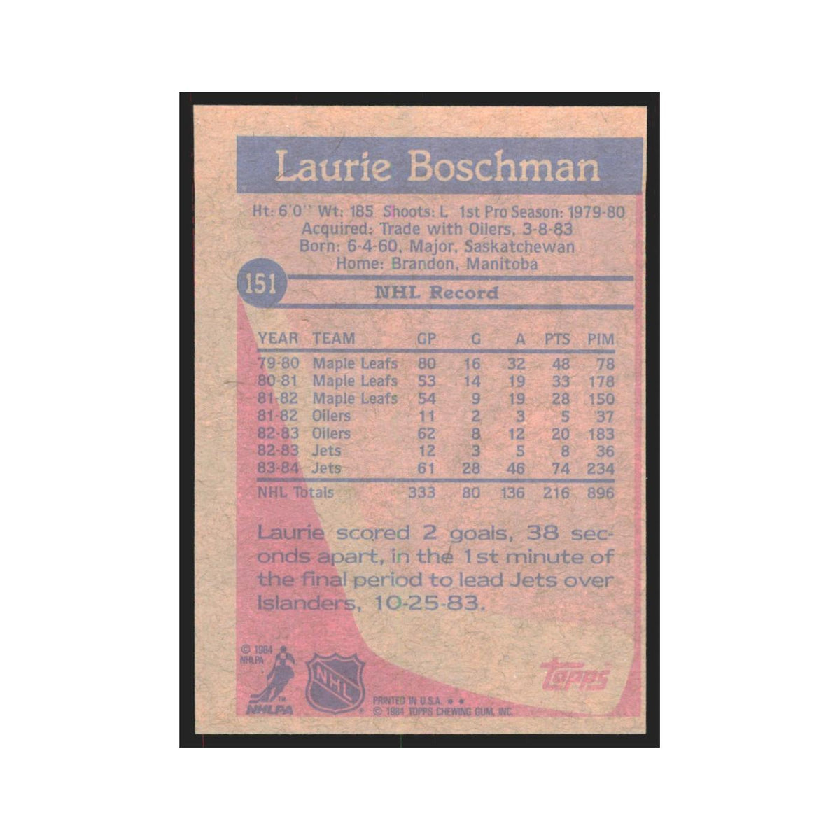 1984 Topps Laurie Boschman Winnipeg Jets #151