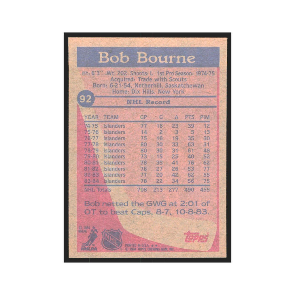 1984 Topps Bob Bourne New York Islanders #92
