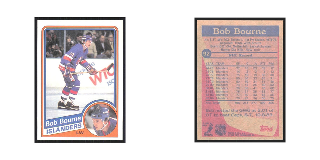 1984 Topps Bob Bourne New York Islanders #92