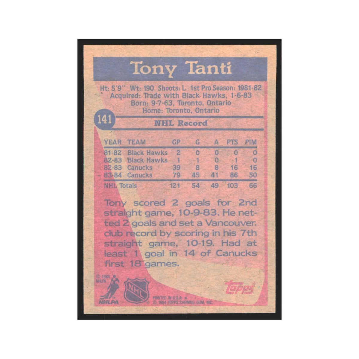 1984 Topps Tony Tanti Vancouver Canucks #141