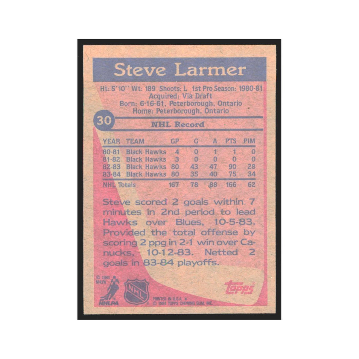 1984 Topps Steve Larmer Chicago Blackhawks #30