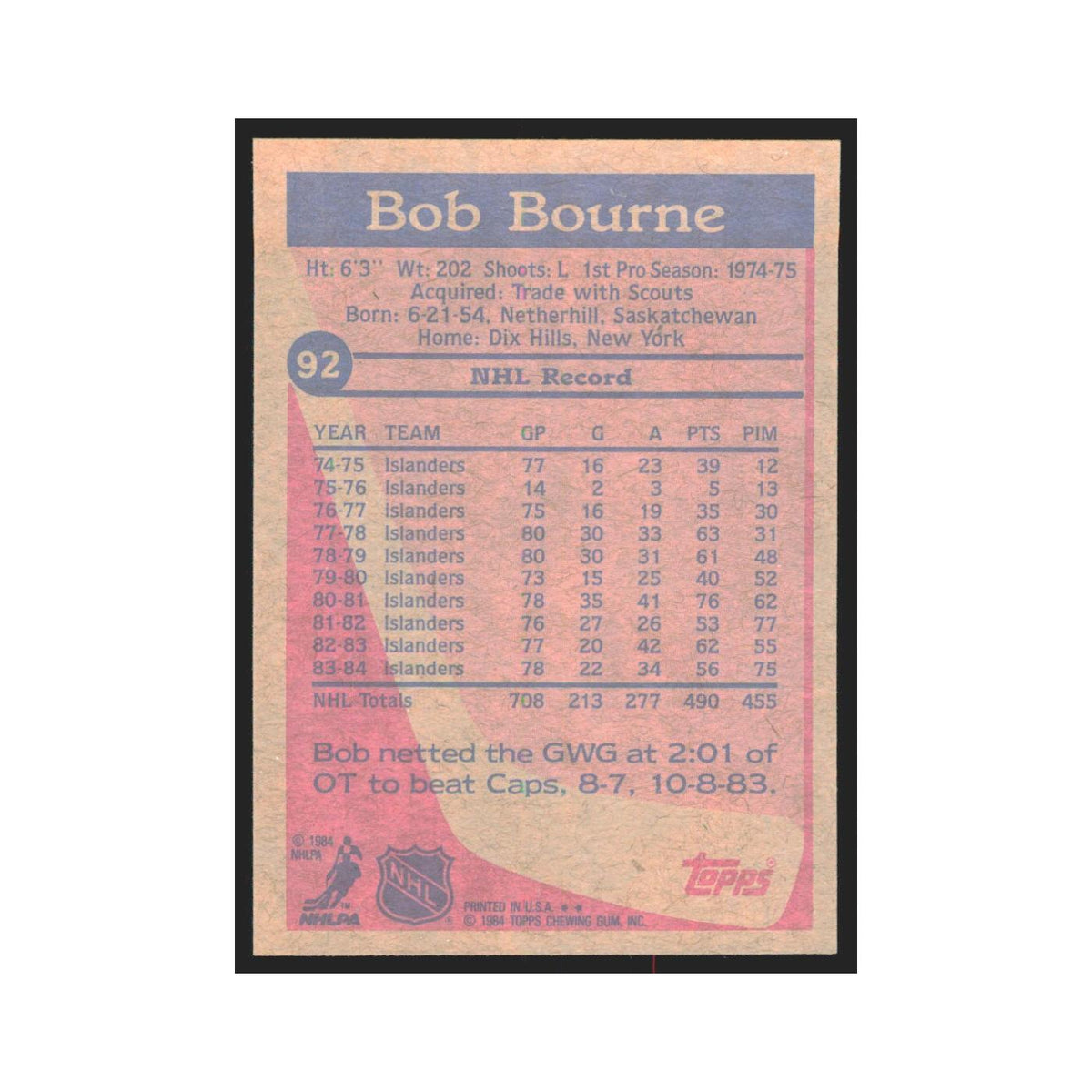 1984 Topps Bob Bourne New York Islanders #92