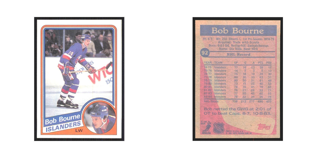 1984 Topps Bob Bourne New York Islanders #92