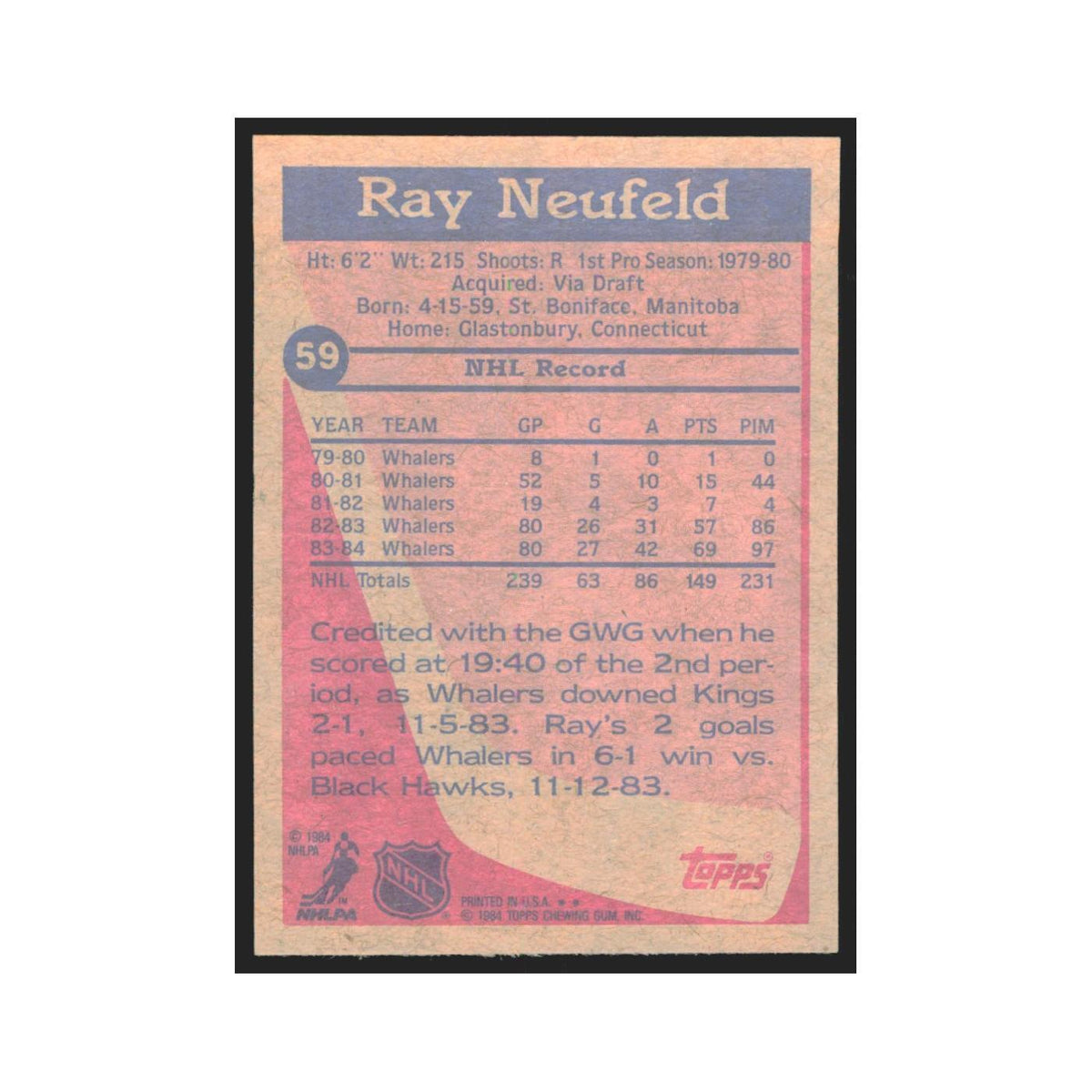 1984 Topps Ray Neufeld Hartford Whalers #59