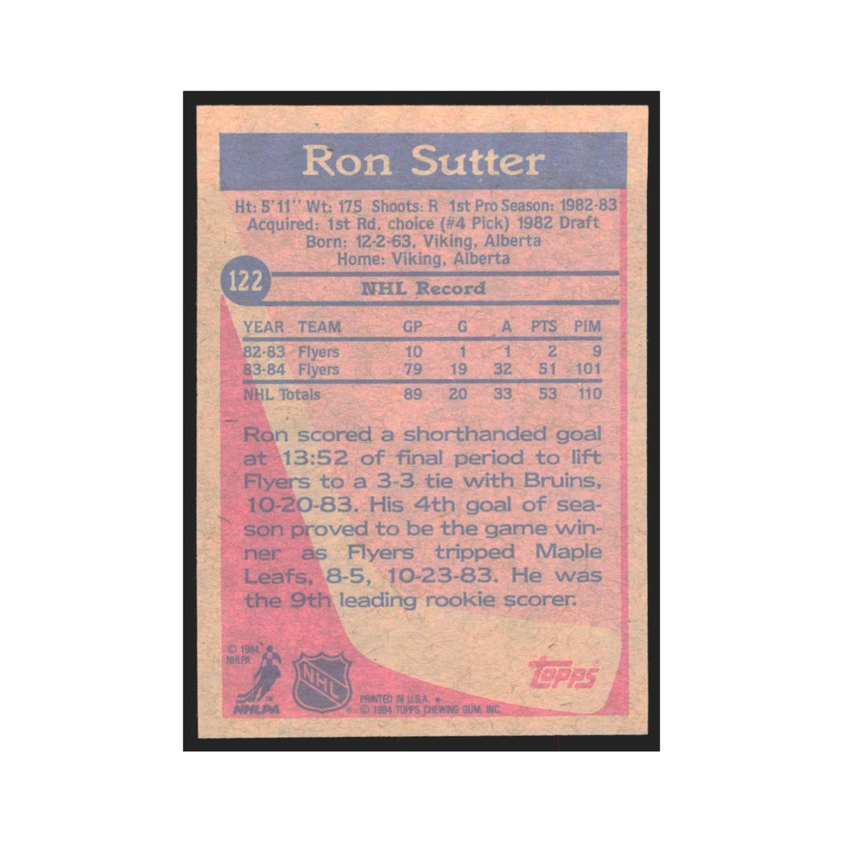 1984 Topps Ron Sutter Philadelphia Flyers #122