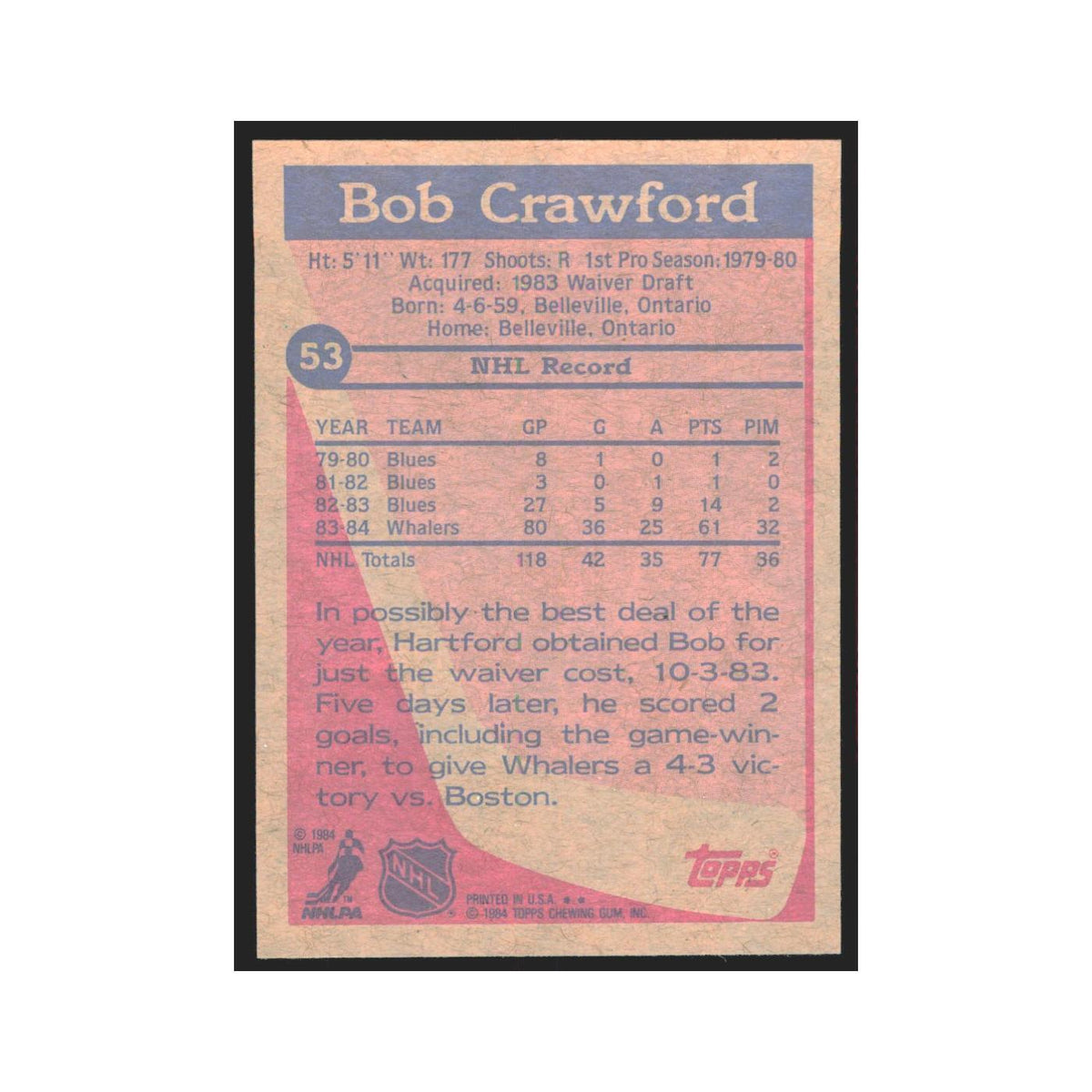 1984 Topps Bob Crawford Hartford Whalers #53