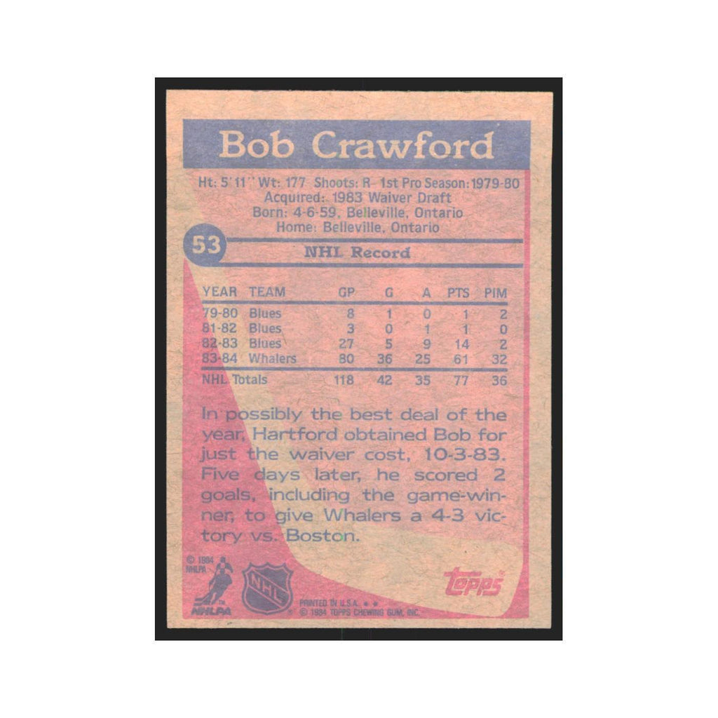 1984 Topps Bob Crawford Hartford Whalers #53