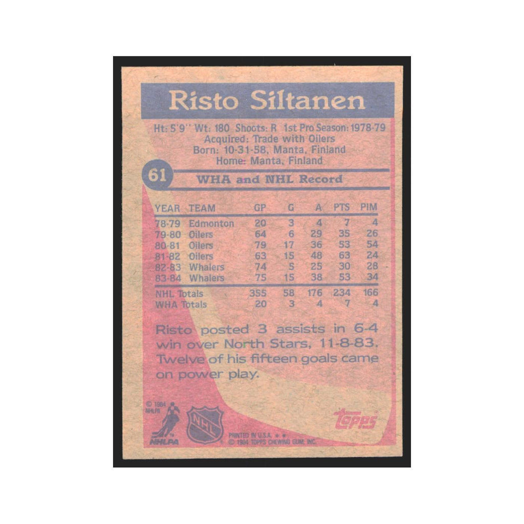 1984 Topps Risto Siltanen Hartford Whalers #61