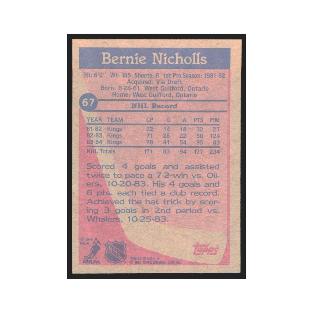 1984 Topps Bernie Nicholls Los Angeles Kings #67