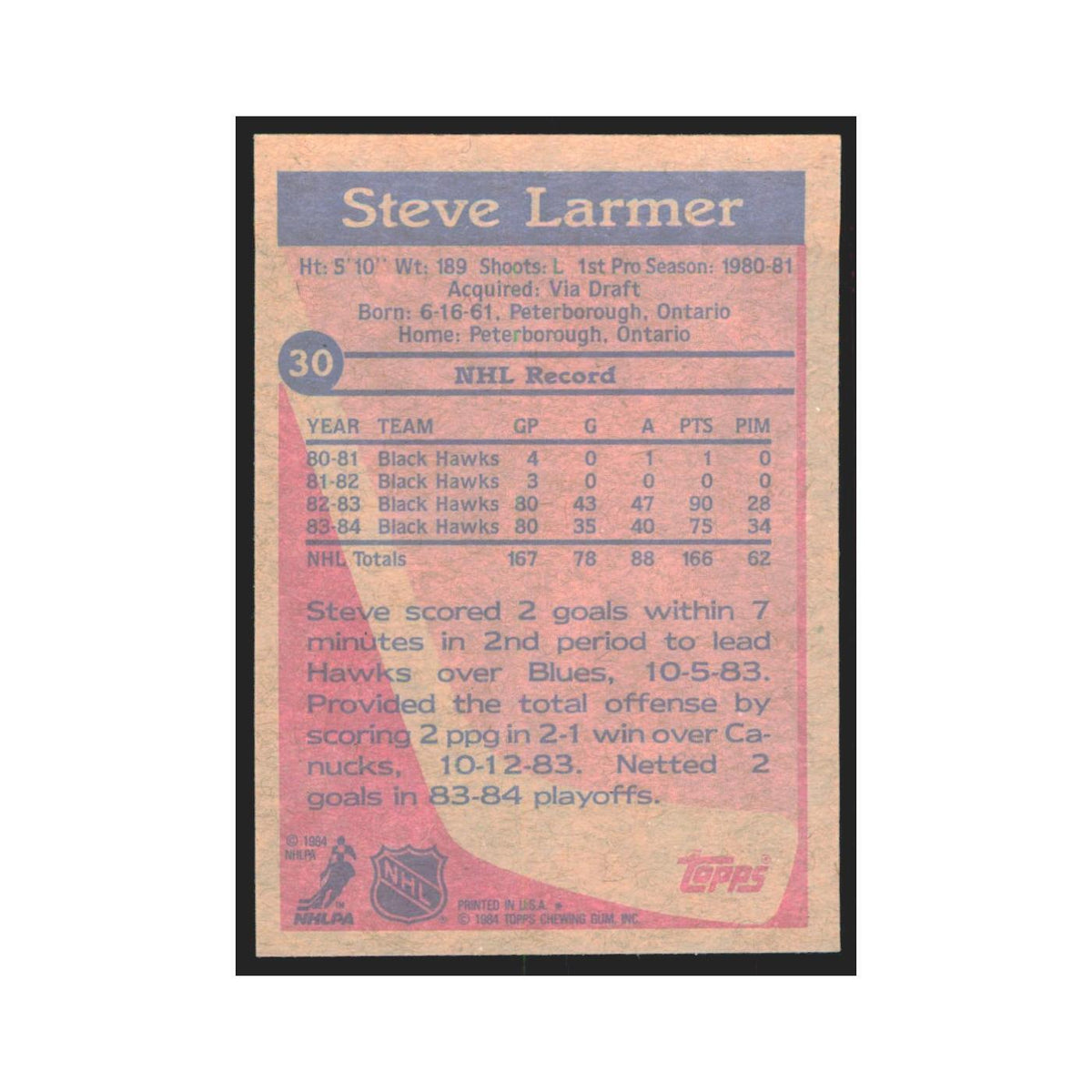 1984 Topps Steve Larmer Chicago Blackhawks #30