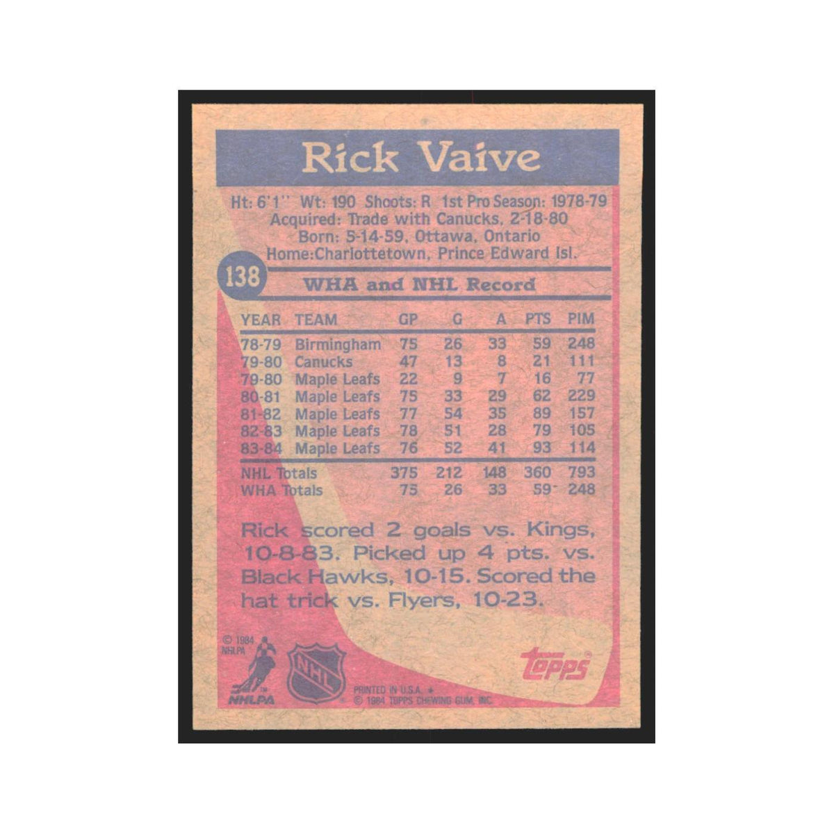 1984 Topps Rick Vaive Toronto Maple Leafs #138