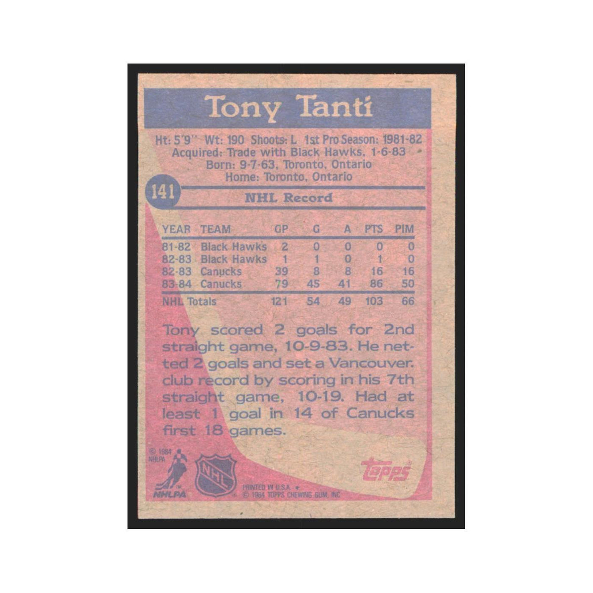 1984 Topps Tony Tanti Vancouver Canucks #141