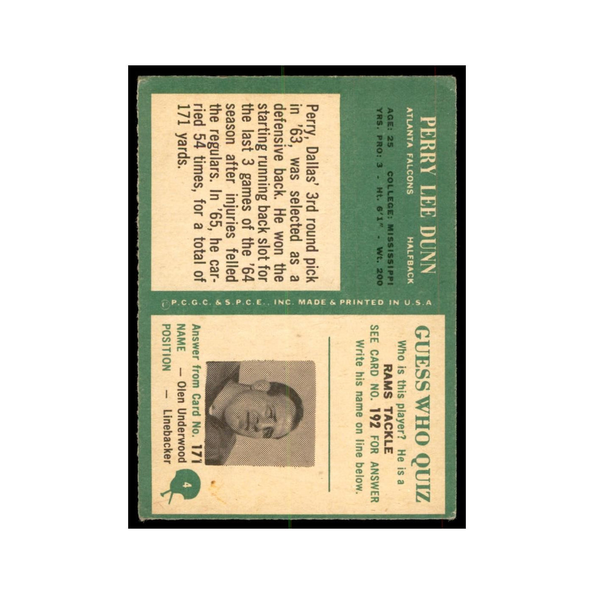 1966 Philadelphia Perry Lee Dunn Football Cards #4