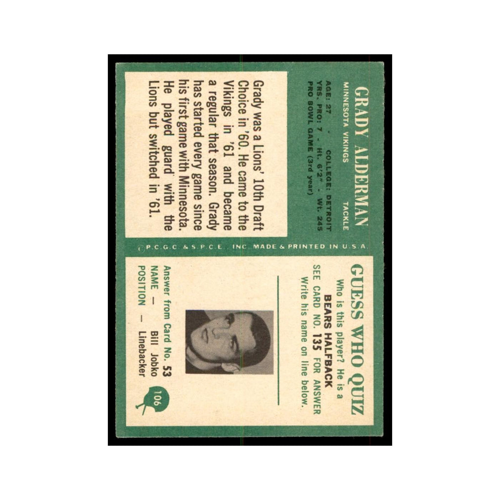1966 Philadelphia Grady Alderman Football Cards #106