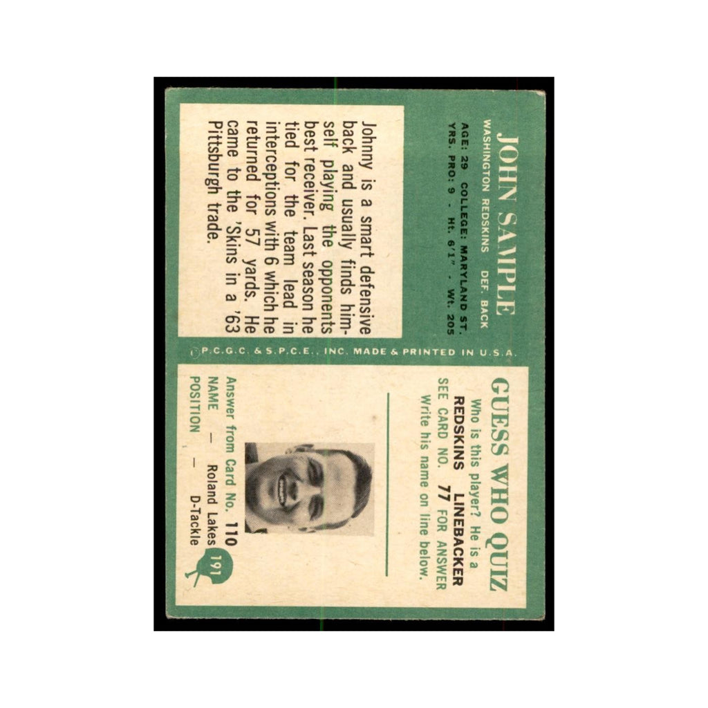 1966 Philadelphia Johnny Sample Football Cards #191