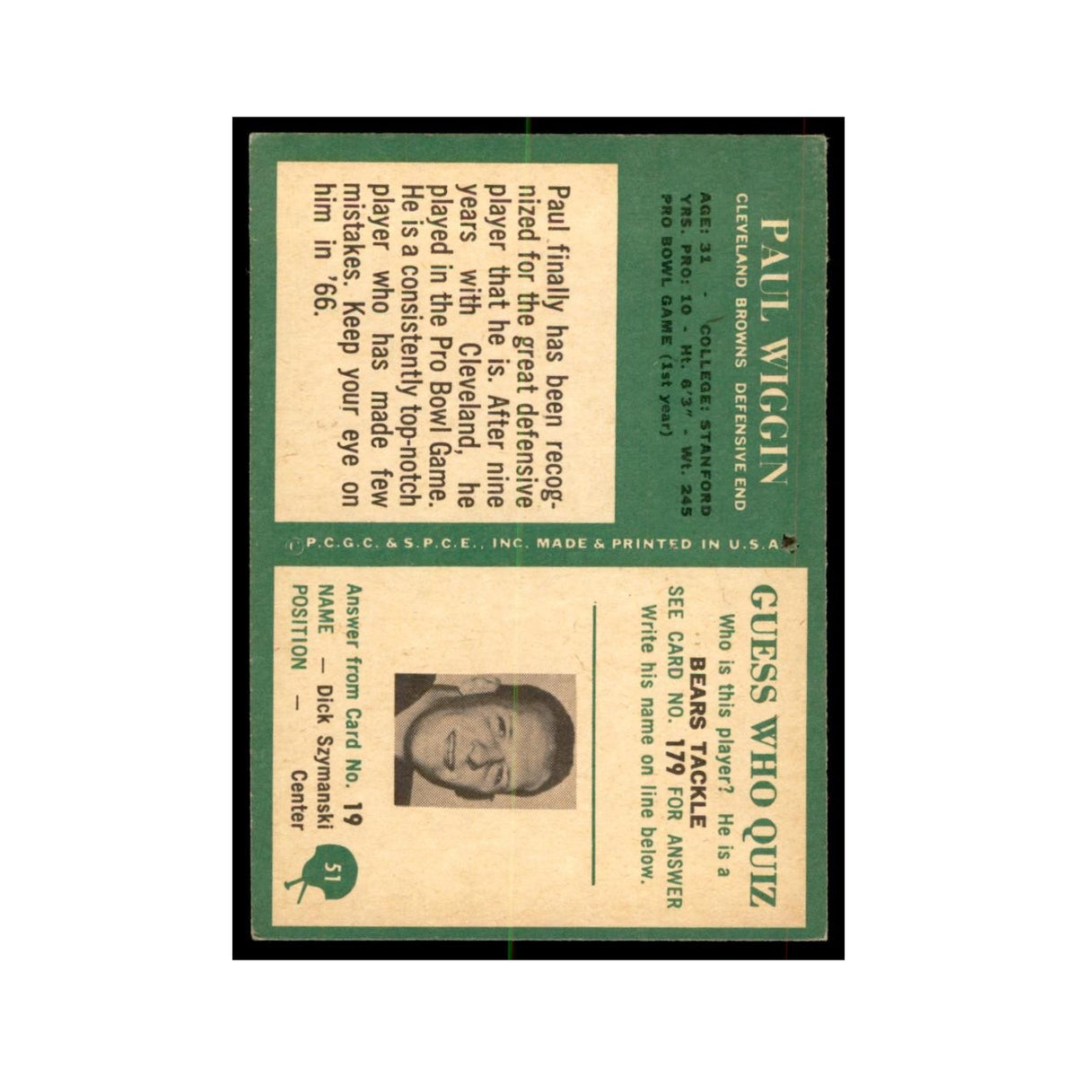 1966 Philadelphia Paul Wiggin Football Cards #51