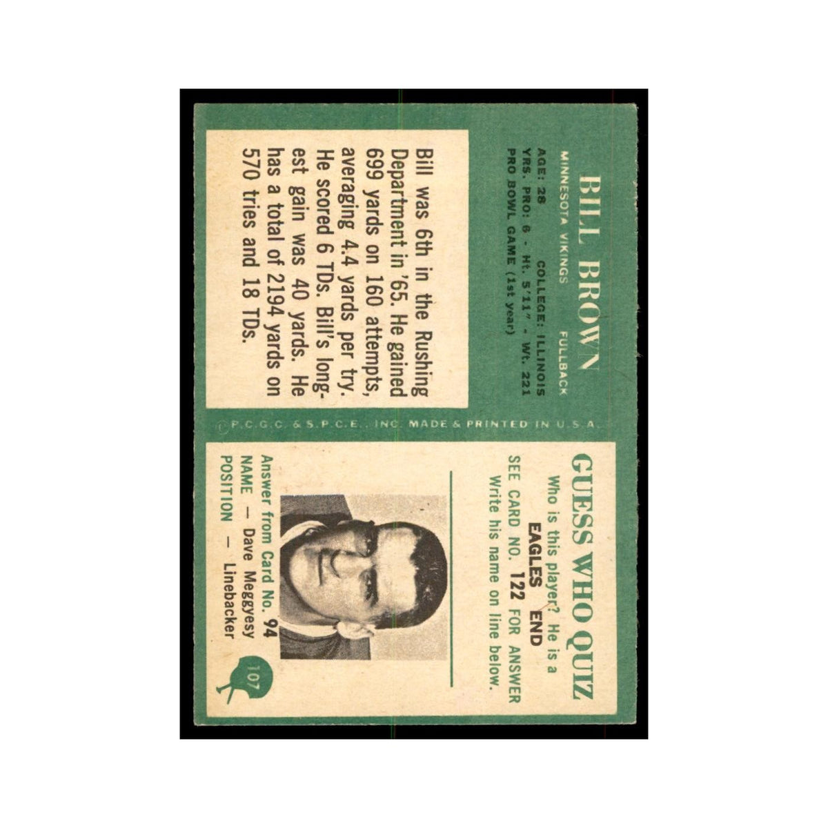 1966 Philadelphia Bill Brown Football Cards #107
