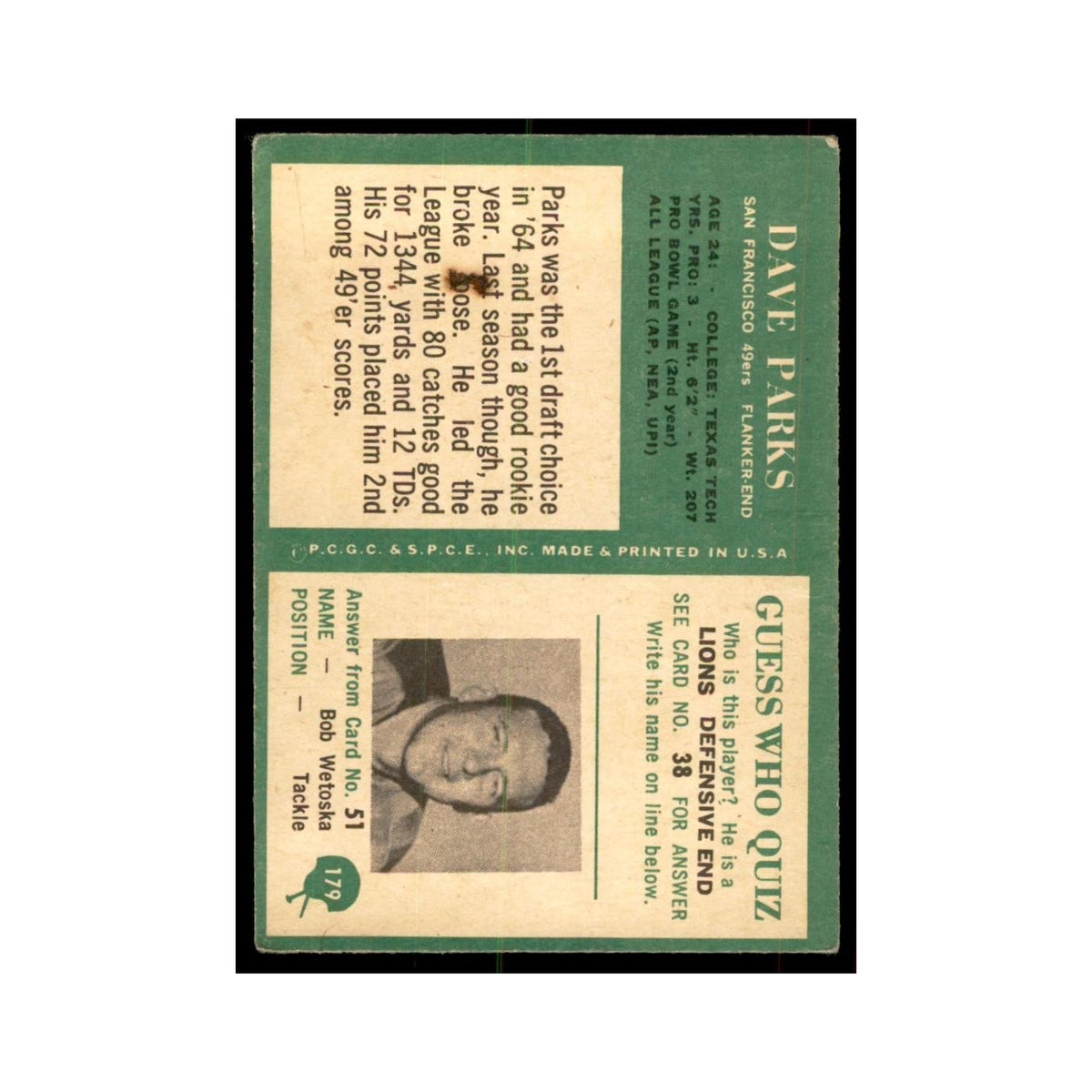 1966 Philadelphia Dave Parks Football Cards #179