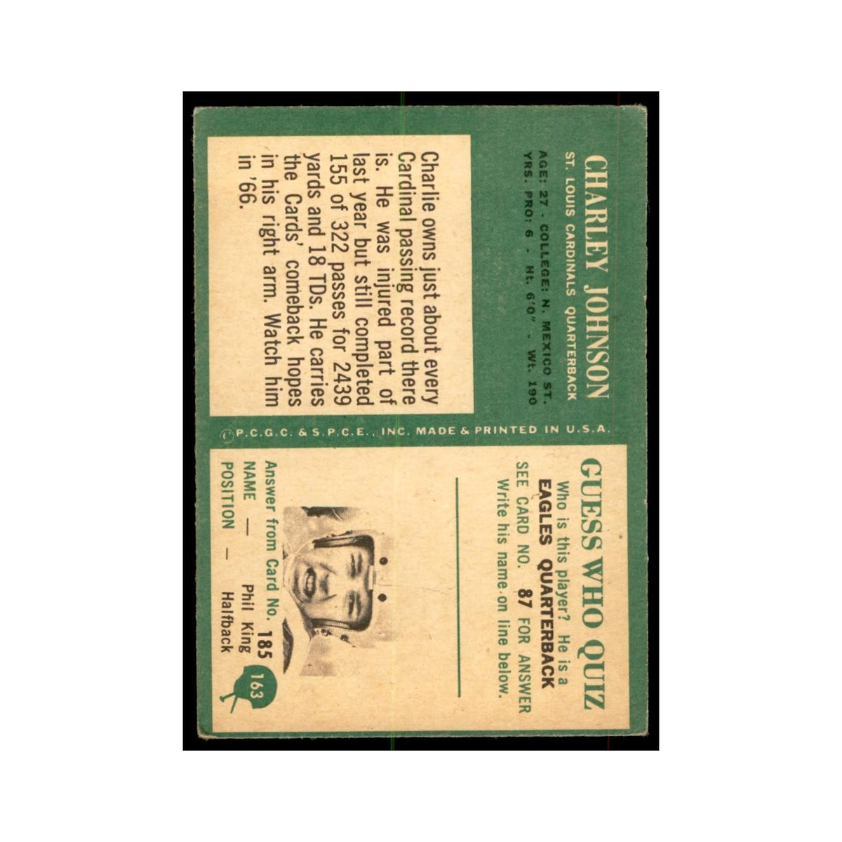 1966 Philadelphia Charley Johnson Football Cards #163
