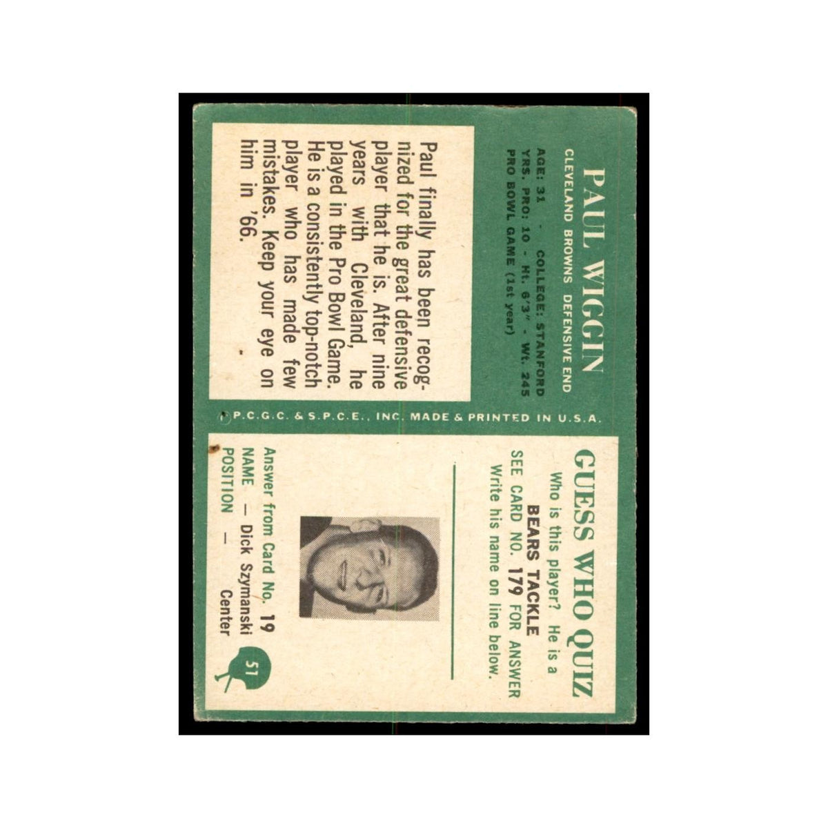1966 Philadelphia Paul Wiggin Football Cards #51