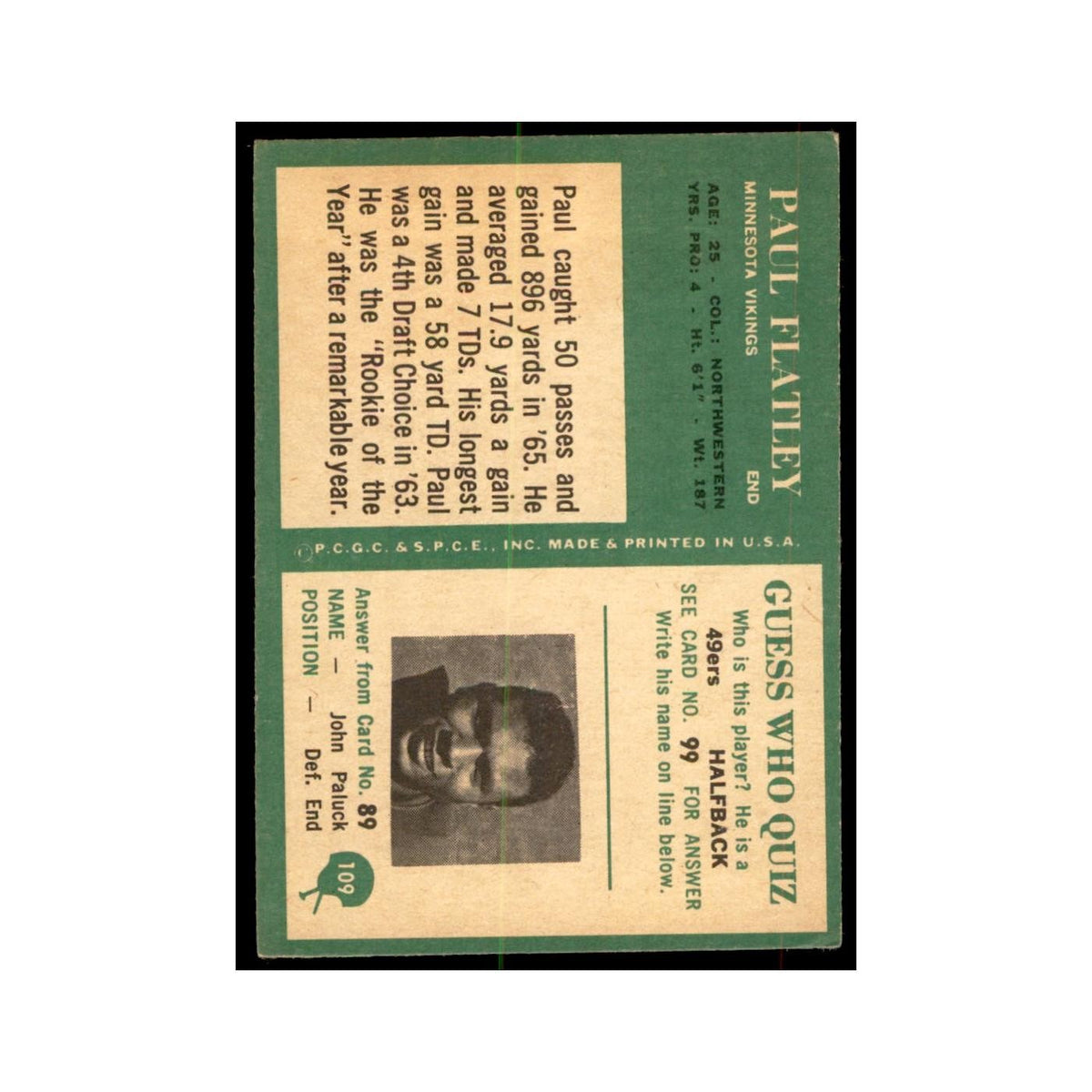 1966 Philadelphia Paul Flatley Football Cards #109