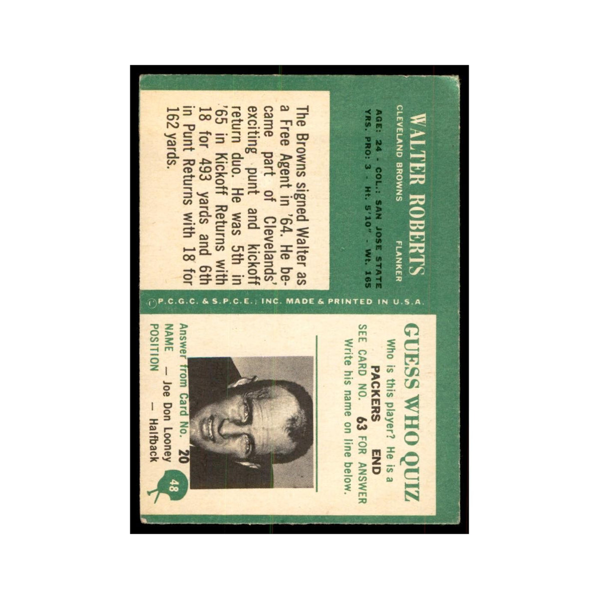 1966 Philadelphia Walter Roberts Football Cards #48