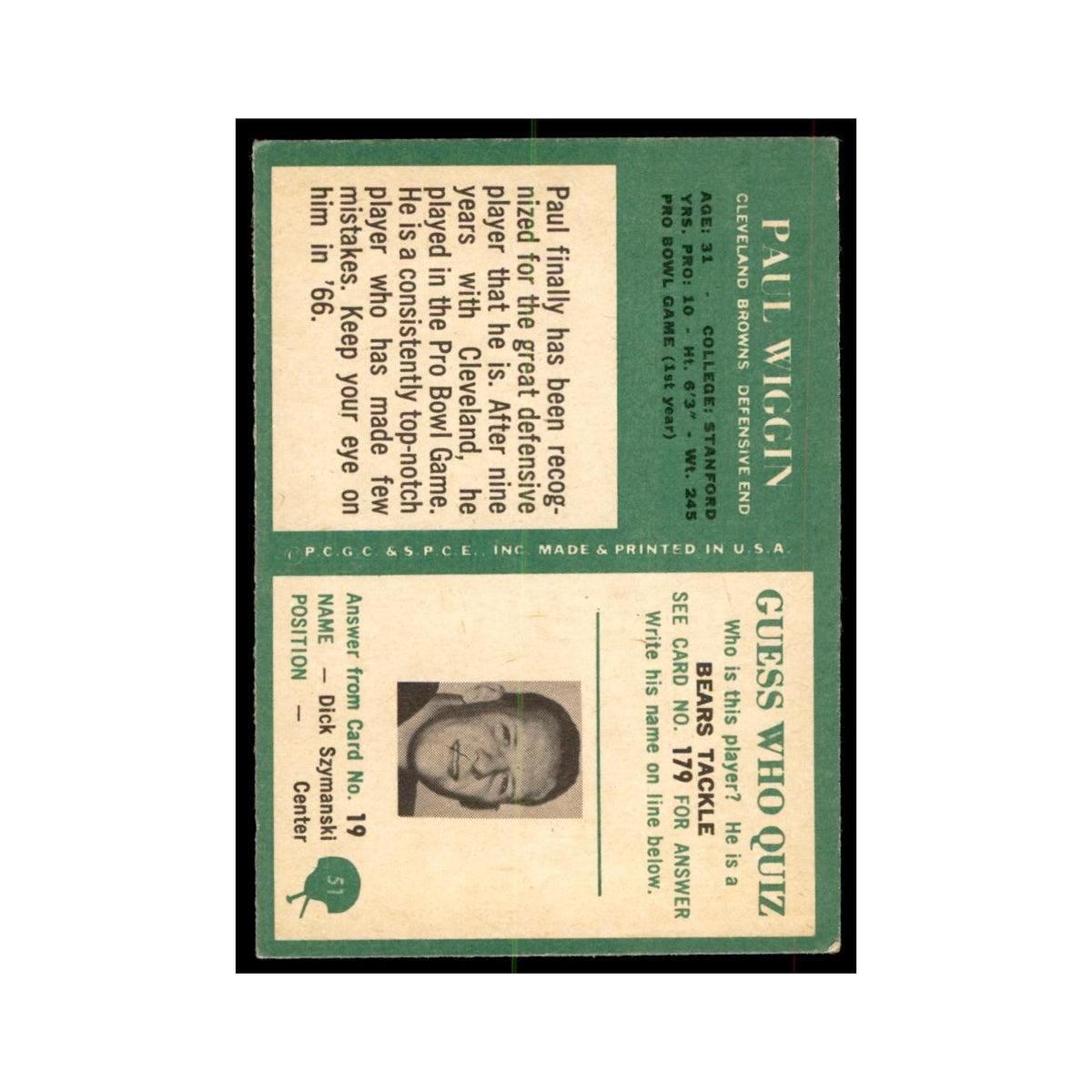 1966 Philadelphia Paul Wiggin Football Cards #51