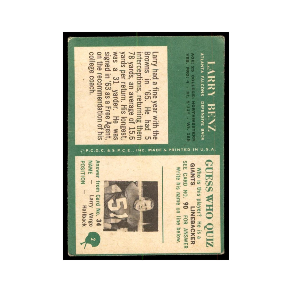 1966 Philadelphia Larry Benz Football Cards #2