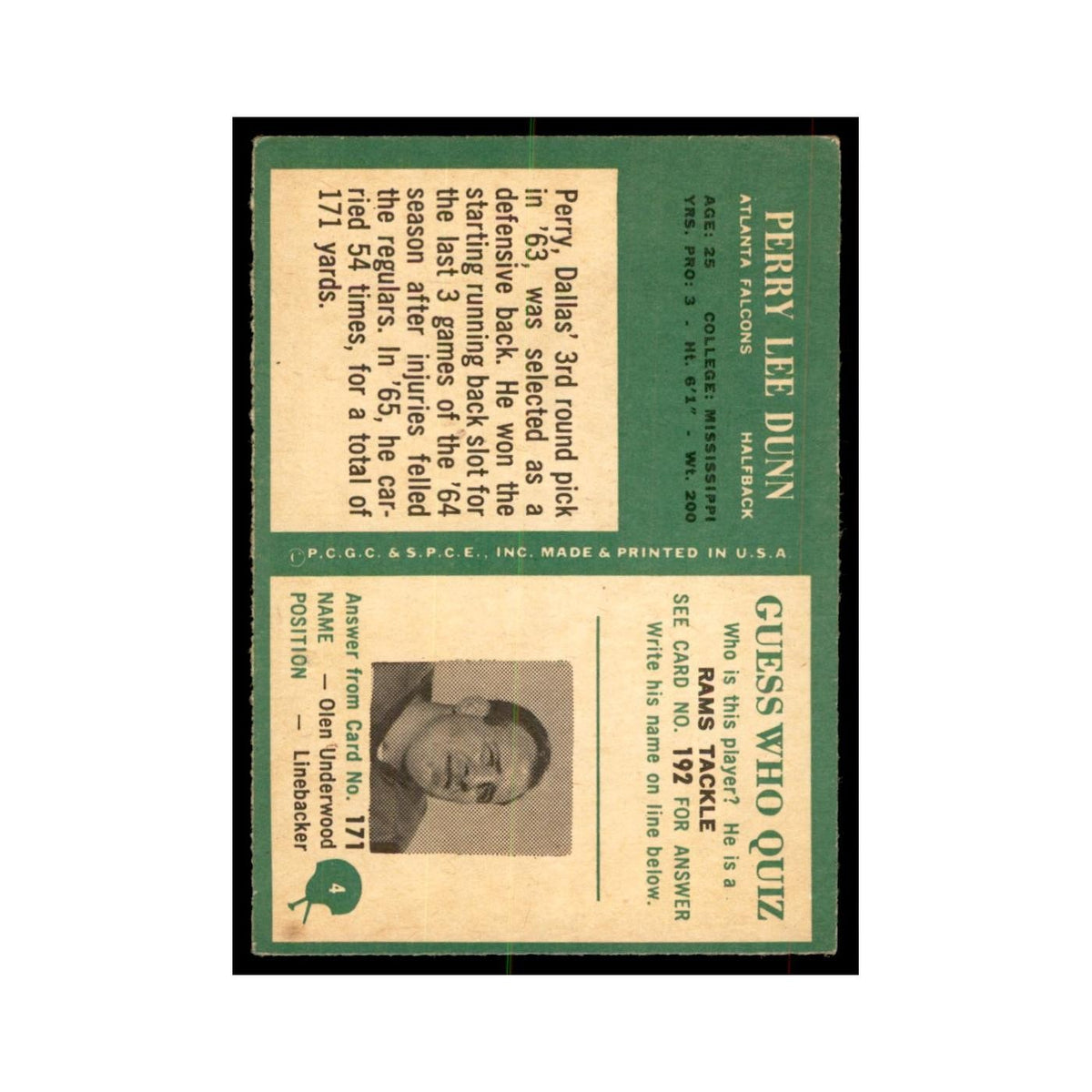 1966 Philadelphia Perry Lee Dunn Football Cards #4
