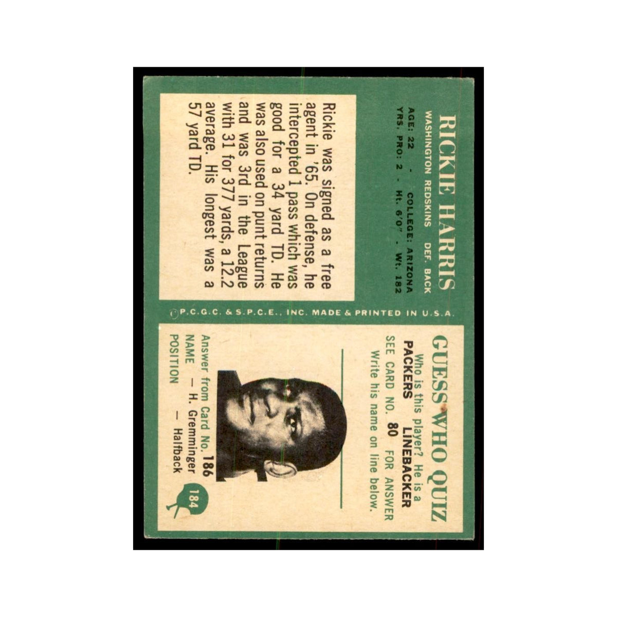 1966 Philadelphia Rickie Harris Football Cards #184