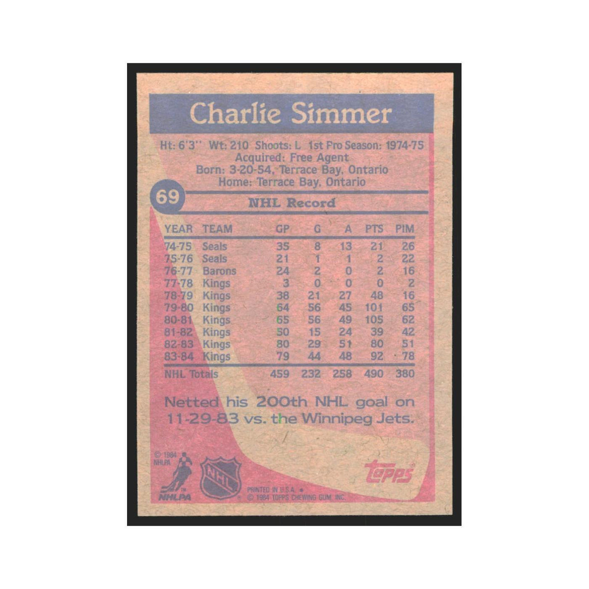 1984 Topps Charlie Simmer Los Angeles Kings #69