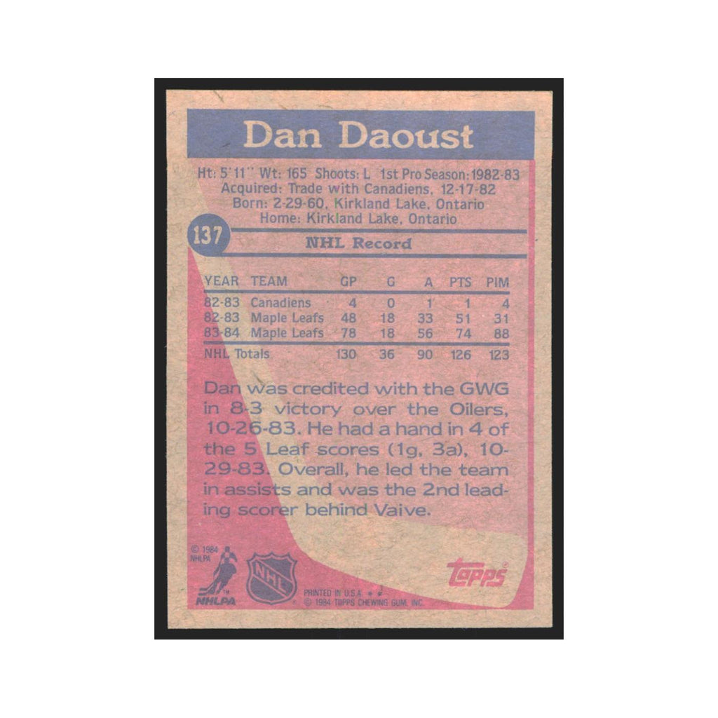 1984 Topps Dan Daoust Toronto Maple Leafs #137