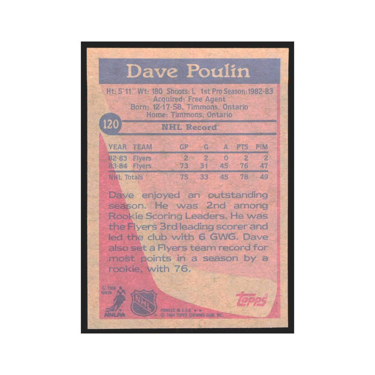 1984 Topps Dave Poulin Philadelphia Flyers #120