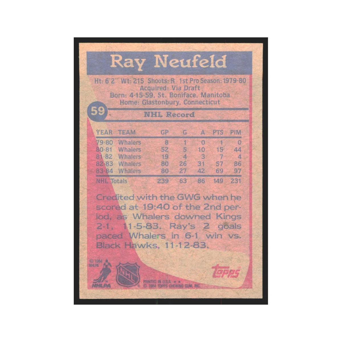 1984 Topps Ray Neufeld Hartford Whalers #59