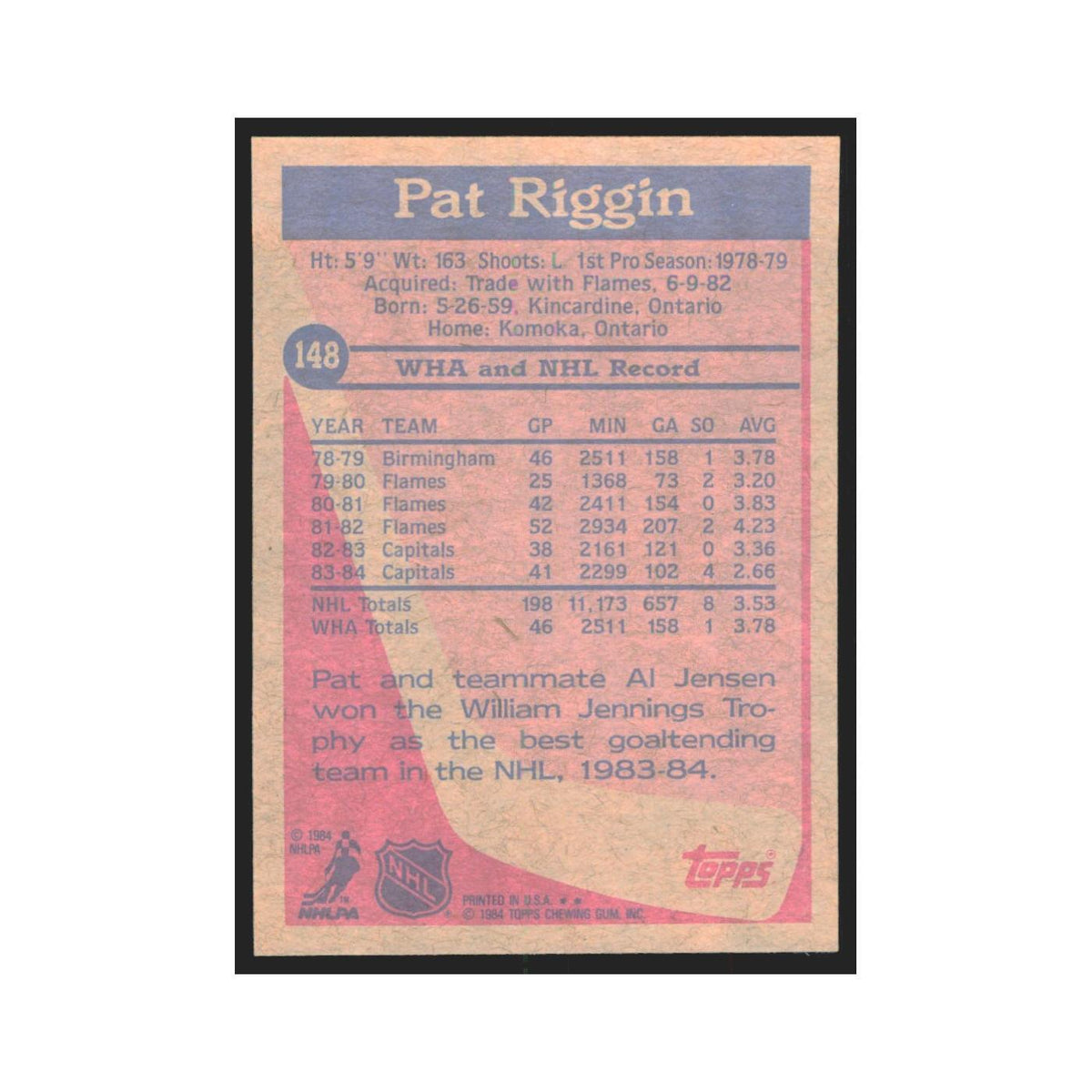 1984 Topps Pat Riggin Washington Capitals #148