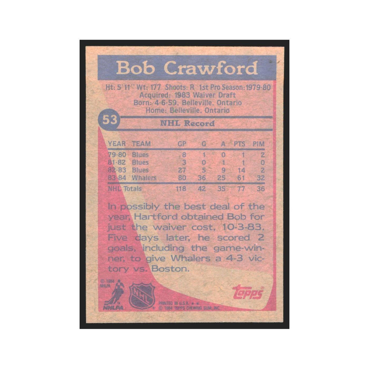 1984 Topps Bob Crawford Hartford Whalers #53
