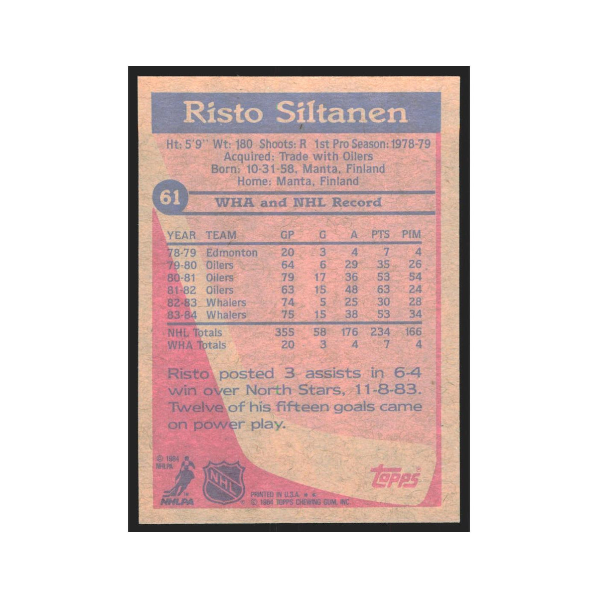 1984 Topps Risto Siltanen Hartford Whalers #61