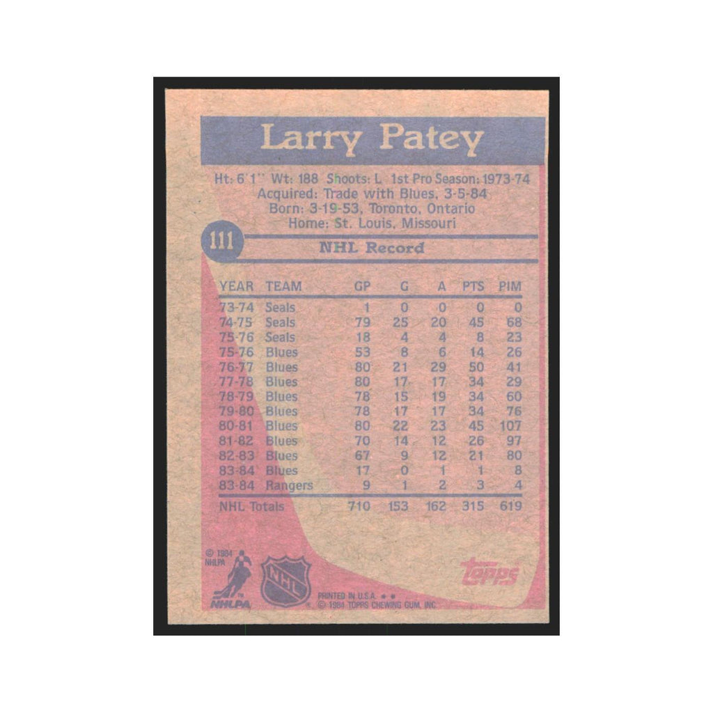 1984 Topps Larry Patey New York Rangers #111